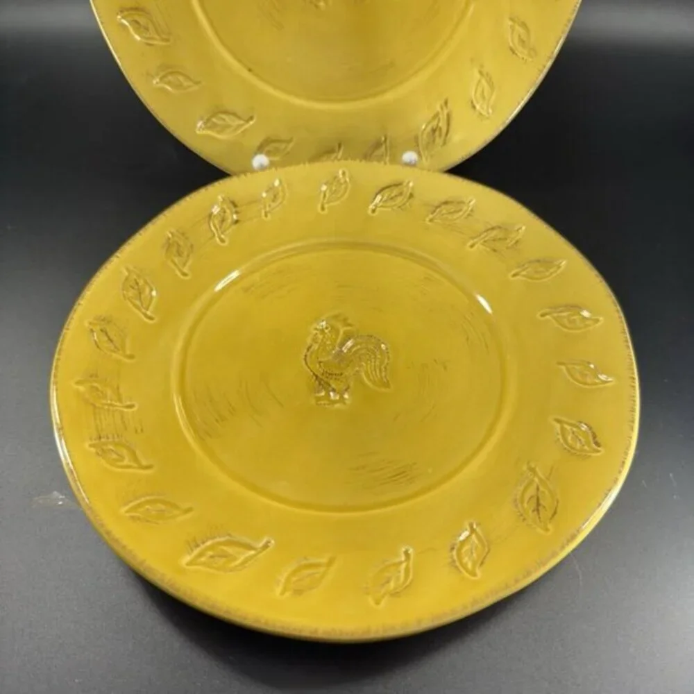 Home Hand Painted Yellow Rooster Chicken Plate Dish‎ Set 2 Round Primitive Style